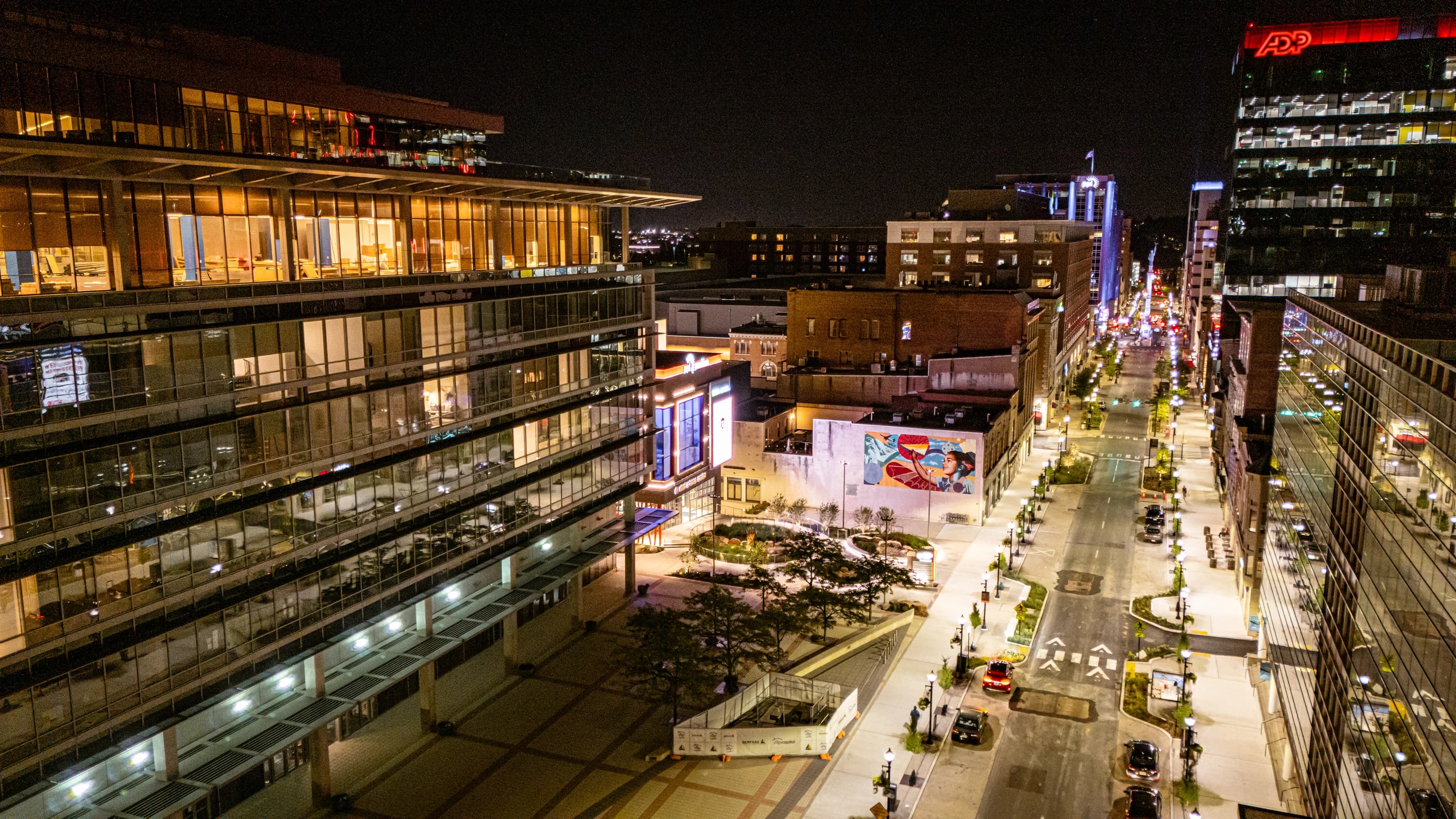 Aerial city view of downtown Allentown at night