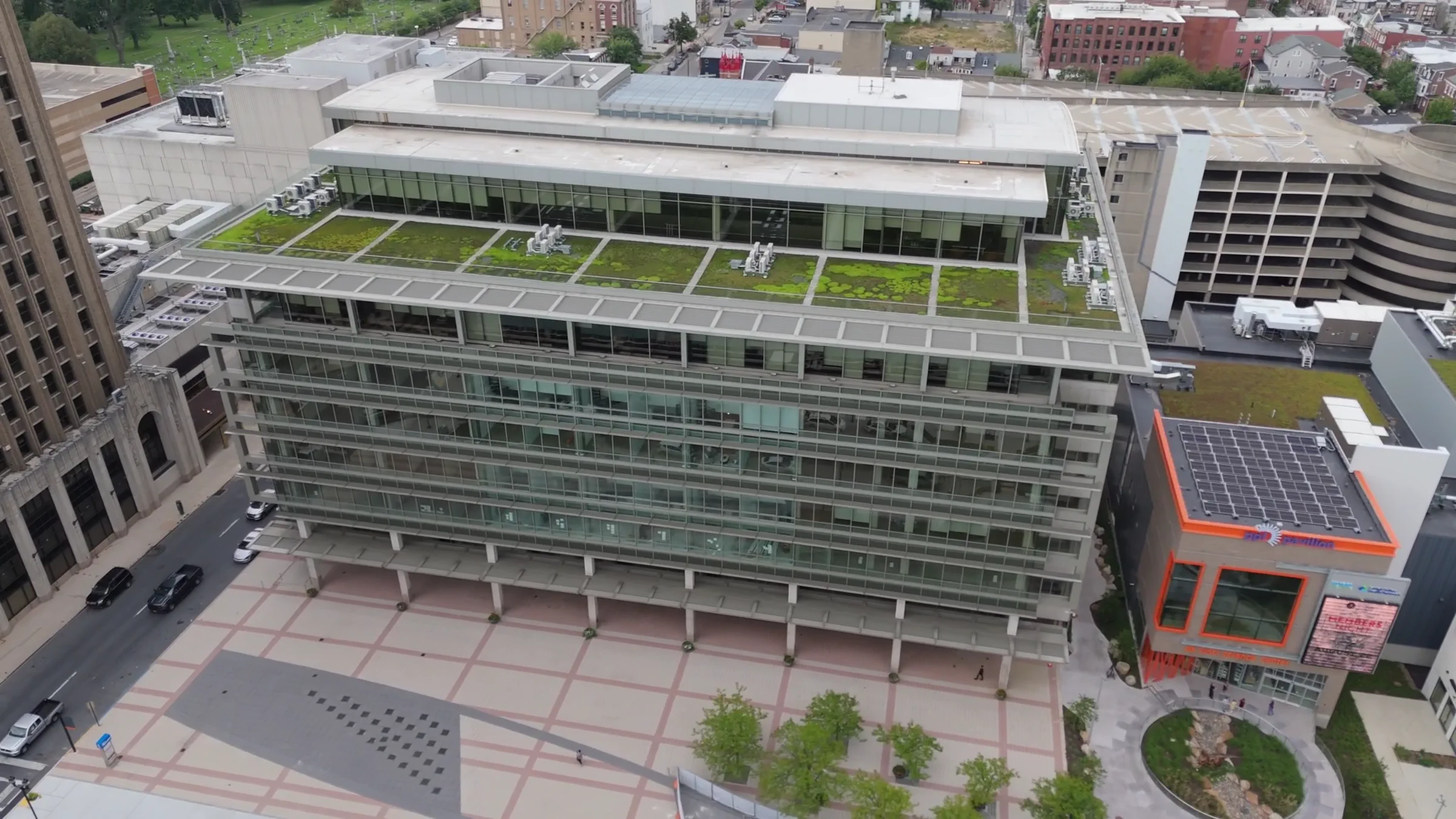 Daylight aerial of a commercial building and its green roof