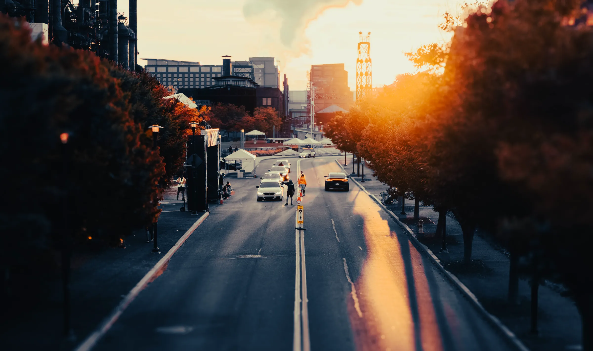 Sunset over the road into SteelStacks in Bethlehem, with the blast furnaces in silhouette