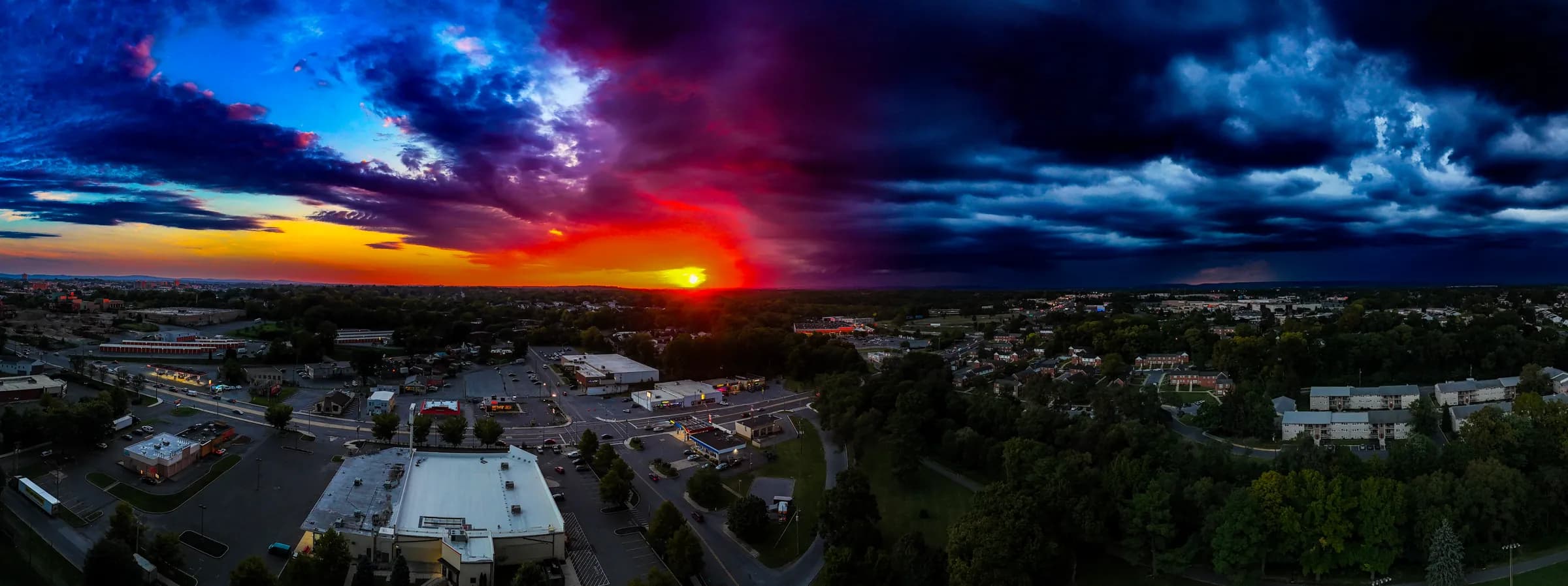 Wide aerial panorama of a dramatic sunset over the Lehigh Valley